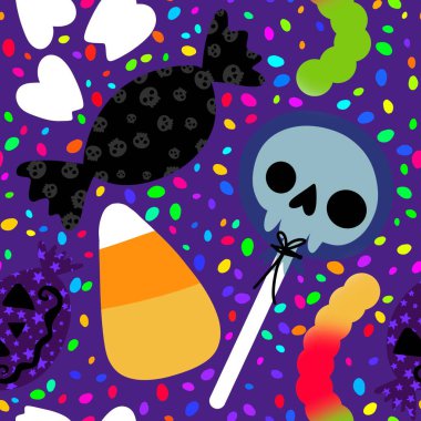 Çizgi film cadılar bayramı şekersiz kafatası ve kumaş ambalajı için lolipop deseni ve çocuk giysileri baskısı ve şenlik ambalajı ve sonbahar aksesuarları. Yüksek kaliteli illüstrasyon