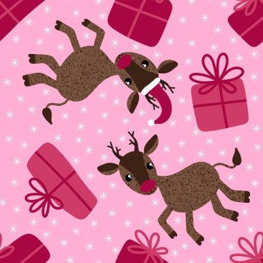 Kış çizgi filmlerindeki kusursuz Noel geyikleri ve hediye kutusu desenli ambalajlar, kumaşlar, çocuk giysileri baskısı, yeni yıl aksesuarları ve ambalajları. Yüksek kaliteli illüstrasyon