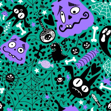 Cadılar Bayramı çizgi balkabakları, yarasalar, hayaletler, şekerler, kumaşlar, çocuk resimleri, sonbahar aksesuarları ve şenlikli ambalajlar. Yüksek kaliteli illüstrasyon