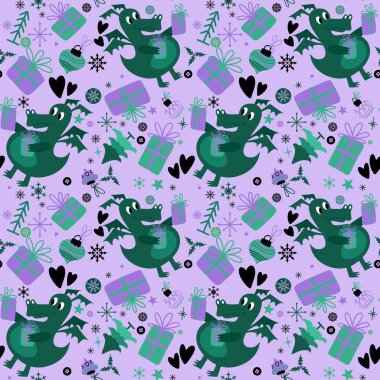 Yeni yıl ejderhaları, Noel dinozor desenli ambalajsız ambalajsız Noel dinozor desenleri ve çocuk kıyafetleri baskısı, şenlikli ambalajlar, kumaşlar ve Noel aksesuarları. Yüksek kaliteli illüstrasyon