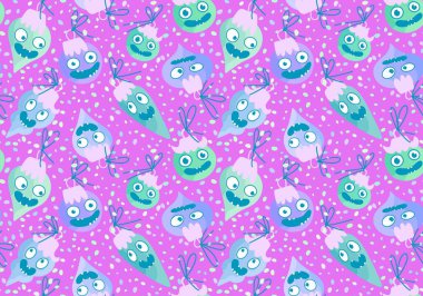 Noel ağacı topları, kumaşlar, ambalaj kağıtları, çocuk giysileri baskısı, yeni yıl ambalajları ve şenlikli aksesuarları olan kusursuz çizgi film canavarları. Yüksek kaliteli illüstrasyon