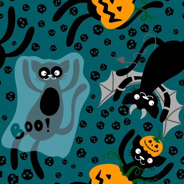 Halloween Dessins Animés Chats Sans Couture Citrouilles Fantôme Monstres Vampire — Photo