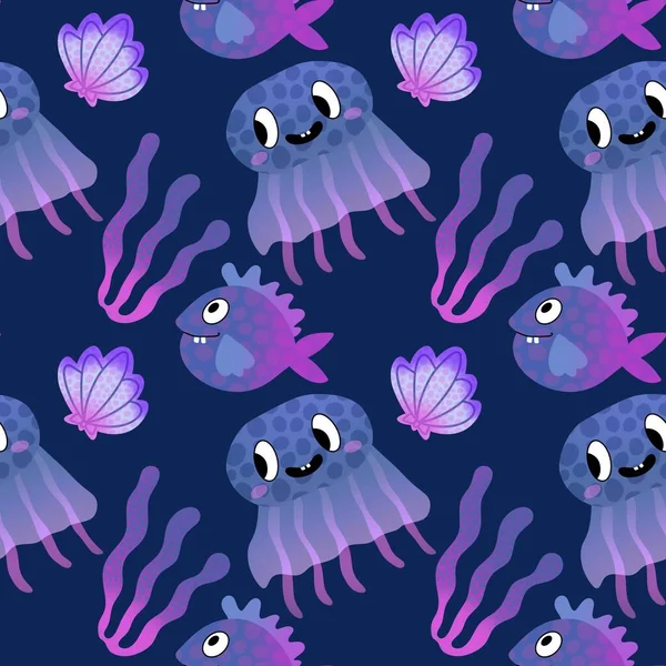Dibujos Animados Peces Medusas Sin Costura Debe Patrón Coral Para — Foto de Stock