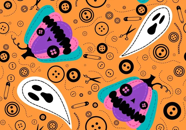 Halloween Varrás Szörnyek Varrás Zökkenőmentes Sütőtök Szellem Gombok Olló Minta — Stock Fotó