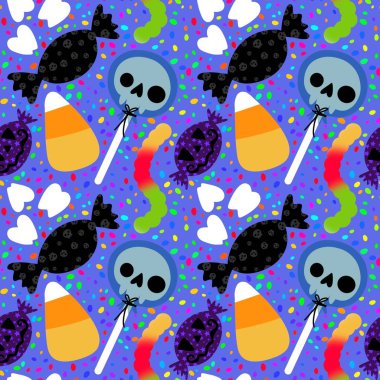 Çizgi film cadılar bayramı şekersiz kafatası ve kumaş ambalajı için lolipop deseni ve çocuk giysileri baskısı ve şenlik ambalajı ve sonbahar aksesuarları. Yüksek kaliteli illüstrasyon