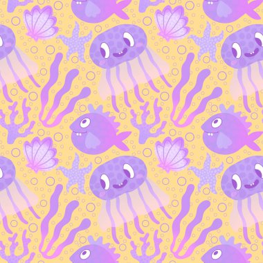 Çizgi filmlerdeki dikişsiz denizanaları ve kumaşlar ve ambalaj kağıtları için mercan desenleri ve çocuk kıyafetleri baskısı ve festival ambalajları ve yaz aksesuarları. Yüksek kaliteli illüstrasyon