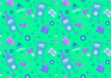 Çizgi film yeti, ambalaj kağıdı, yeni yıl aksesuarları, kumaşlar, çocuk giysileri baskısı ve şenlikli paketleme için kusursuz bir Noel deseni. Yüksek kaliteli illüstrasyon