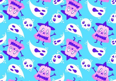 Sonbahar çizgi filmi, sebze hasadı, dikişsiz Cadılar Bayramı balkabağı, ambalaj kağıdı, kumaş, çocuk giysisi baskısı ve şenlikli paketleme için hayalet deseni. Yüksek kaliteli illüstrasyon