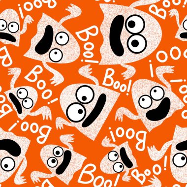 Cadılar Bayramı hayaletleri kağıt, kumaş, çarşaf ve çocuk giysileri baskısı, ambalaj ve şenlikli aksesuarlar için kusursuz çizgi film desenleri. Yüksek kaliteli illüstrasyon