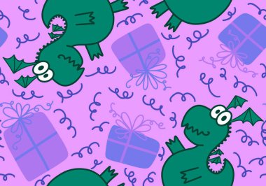 Çizgi filmlerdeki hayvanlar, dinazorlar, Noel ambalajsız ejderha desenleri, çocuk giysileri, kumaşlar ve şenlikli ambalajlar. Yüksek kaliteli illüstrasyon