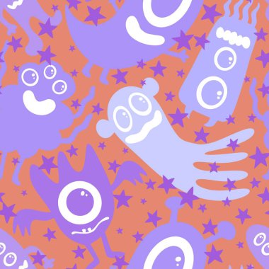 Cadılar Bayramı çizgi roman canavarları kağıt, kumaş, çocuk giysisi baskısı, şenlikli ambalajlar, moda aksesuarları ve okul defterleri için kusursuz uzaylı desenleri. Yüksek kalite fotoğraf