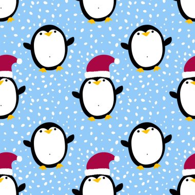 Kış hayvanları karikatürsüz penguen desenli ambalaj kağıdı ve çocuk giysileri baskısı ve Noel paketleri ve kumaşlar ve şenlikli aksesuarlar. Yüksek kaliteli illüstrasyon