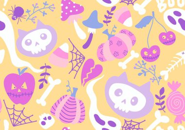 Çizgi filmlerdeki cadılar bayramı kedileri dikişsiz balkabakları, kafatasları hayalet ve mantar desenli ambalaj kağıtları, kumaşlar, şenlikli aksesuarlar ve sonbahar ambalajları. Yüksek kaliteli illüstrasyon