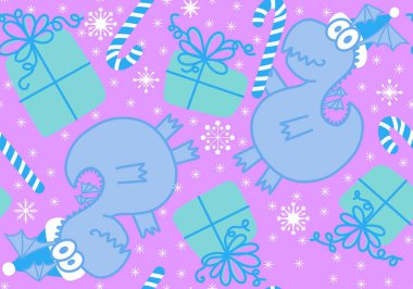 Çizgi filmlerdeki hayvanlar, dinazorlar, Noel ambalajsız ejderha desenleri, çocuk giysileri, kumaşlar ve şenlikli ambalajlar. Yüksek kaliteli illüstrasyon