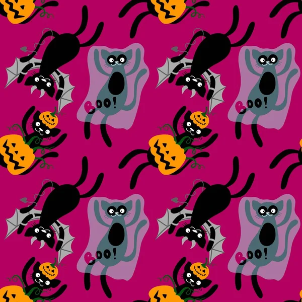 Хеллоуїн Мультяшні Коти Безшовні Гарбузи Привид Монстри Вампірський Візерунок Тканин — стокове фото