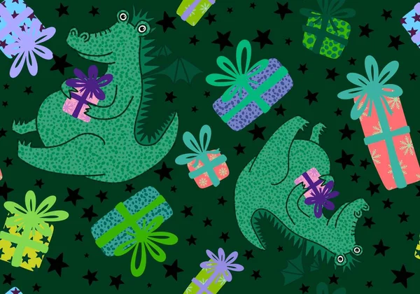 Новогодний Дракон Бесшовный Мультяшный Рисунок Рождественского Динозавра Упаковки Бумаги Детской — стоковое фото
