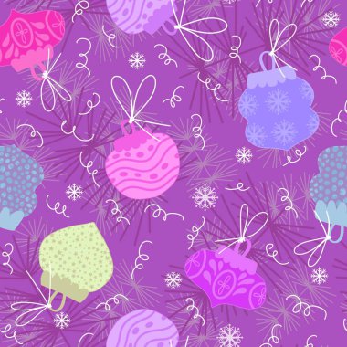 Yeni yıl paketleri, ambalajları, kumaşlar, çocuk giysileri baskıları ve şenlik aksesuarları için noel ağacı dikişsiz oyuncak top desenleri. Yüksek kaliteli illüstrasyon