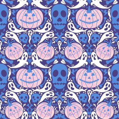 Sonbahar sebze hasadı kusursuz Cadılar Bayramı balkabağı deseni ambalaj kağıdı, kumaş ve çocuk giysileri baskısı ve mutfak ve bayram ambalajı ve moda tekstili. Yüksek kaliteli illüstrasyon
