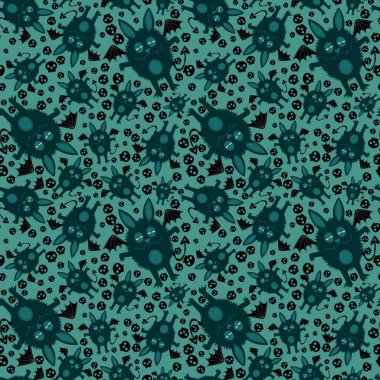 Cadılar Bayramı çizgi filmlerinde yarasa desenleri ambalaj kağıtları ve kumaşlar ve çocuk kıyafetleri baskısı ve şenlik ambalajı ve moda tekstil ve aksesuarları. Yüksek kaliteli illüstrasyon