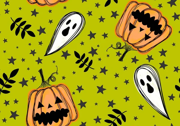 Podzimní Karikatura Sklizeň Zeleniny Bezešvé Halloween Dýně Duch Vzor Pro — Stock fotografie