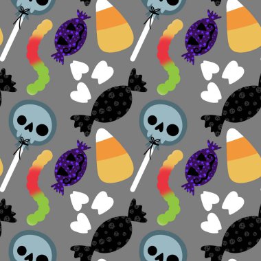 Çizgi film cadılar bayramı şekersiz kafatası ve kumaş ambalajı için lolipop deseni ve çocuk giysileri baskısı ve şenlik ambalajı ve sonbahar aksesuarları. Yüksek kaliteli illüstrasyon