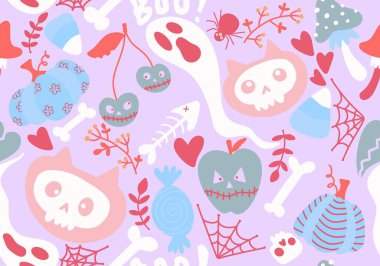 Çizgi filmlerdeki cadılar bayramı kedileri dikişsiz balkabakları, kafatasları hayalet ve mantar desenli ambalaj kağıtları, kumaşlar, şenlikli aksesuarlar ve sonbahar ambalajları. Yüksek kaliteli illüstrasyon