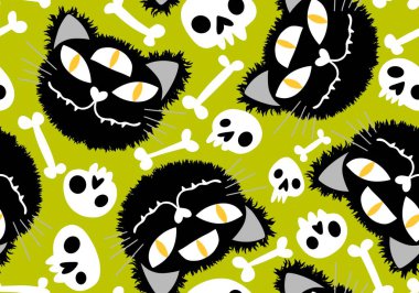 Cadılar Bayramı çizgi kedileri kusursuz balkabakları, hayalet ve canavarlar kumaşlar ve ambalaj kağıtları için vampir desenleri ve çocuk giysileri baskısı, ambalaj ve aksesuarlar. Yüksek kaliteli illüstrasyon