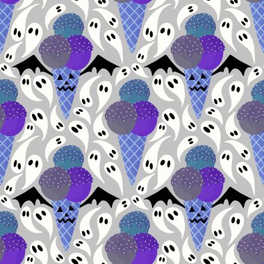 Cadılar Bayramı canavarları karikatürsüz dondurma kalıpları paket kâğıdı, kumaş ve çocuk giysileri baskısı ve şenlik ambalajı ve parti aksesuarları. Yüksek kaliteli illüstrasyon