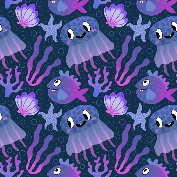 Kreslené Ryby Bezešvé Medúzy Musí Korálové Vzory Pro Tkaniny Balicí — Stock fotografie