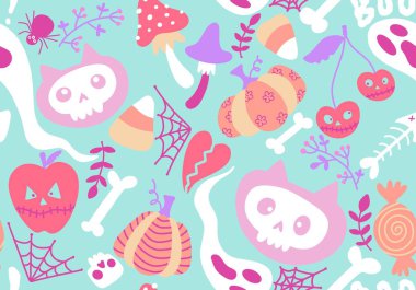 Çizgi filmlerdeki cadılar bayramı kedileri dikişsiz balkabakları, kafatasları hayalet ve mantar desenli ambalaj kağıtları, kumaşlar, şenlikli aksesuarlar ve sonbahar ambalajları. Yüksek kaliteli illüstrasyon