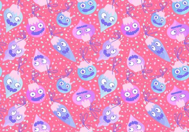 Noel ağacı topları, kumaşlar, ambalaj kağıtları, çocuk giysileri baskısı, yeni yıl ambalajları ve şenlikli aksesuarları olan kusursuz çizgi film canavarları. Yüksek kaliteli illüstrasyon