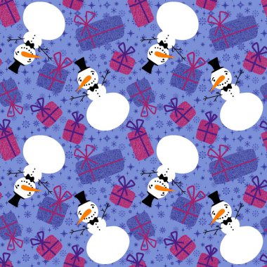 Noel kardan adam kardan adam kusursuz buz, şapka ve havuç desenli ambalaj kâğıdı, kumaş ve çocuk giysileri baskısı, şenlikli ambalajlar ve yeni yıl aksesuarları. Yüksek kaliteli illüstrasyon