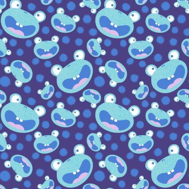 Çizgi filmlerdeki kusursuz kurbağa desenleri ambalaj kağıtları, kumaşlar, çocuk giysileri, tekstil ürünleri, yaz aksesuarları ve şenlikli ambalajlar için. Yüksek kaliteli illüstrasyon