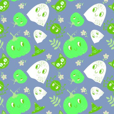 Çizgi film cadılar bayramı balkabakları ve örtü kağıtları ve kumaşlar için hayalet deseni ve çocuk giysileri baskısı ve şenlikli ambalaj ve aksesuarlar. Yüksek kaliteli illüstrasyon