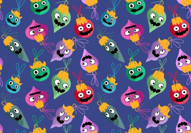 Noel ağacı topları, kumaşlar, ambalaj kağıtları, çocuk giysileri baskısı, yeni yıl ambalajları ve şenlikli aksesuarları olan kusursuz çizgi film canavarları. Yüksek kaliteli illüstrasyon