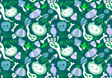 Çizgi filmlerdeki cadılar bayramı kedileri dikişsiz balkabakları, kafatasları hayalet ve mantar desenli ambalaj kağıtları, kumaşlar, şenlikli aksesuarlar ve sonbahar ambalajları. Yüksek kaliteli illüstrasyon