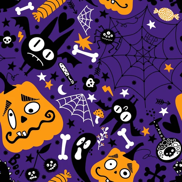 Halloween Rajzfilm Tök Zökkenőmentes Denevér Szellem Cukorka Web Minta Csomagolására — Stock Fotó