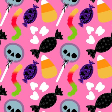 Çizgi film cadılar bayramı şekersiz kafatası ve kumaş ambalajı için lolipop deseni ve çocuk giysileri baskısı ve şenlik ambalajı ve sonbahar aksesuarları. Yüksek kaliteli illüstrasyon