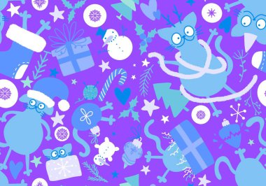 Noel hayvanları kusursuz kediler, hediye kutuları, ağaç ve oyuncak desenleri kağıt ve kumaşlar, çocuk giysileri baskısı, yeni yıl ambalajları ve şenlikli aksesuarlar. Yüksek kaliteli illüstrasyon