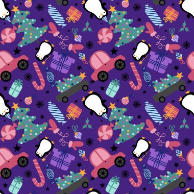 Çizgi filmlerdeki Noel hayvanları, pürüzsüz penguenler, şekerler ve hediye kutusu desenleri kağıt, kumaş, çocuk baskısı, şenlikli aksesuarlar ve yeni yıl paketleri. Yüksek kaliteli illüstrasyon