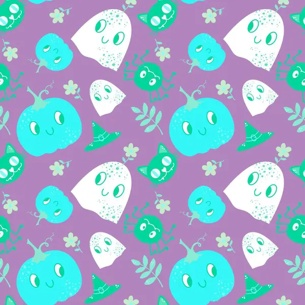 Cartoon Halloween Seamless Pumpkins Ghost Pattern Wrapping Paper Fabrics Kids — Stock Photo, Image