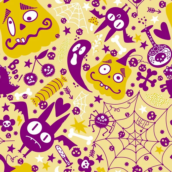 Halloween Kreskówki Dynie Bezszwowe Nietoperz Duch Cukierki Wzór Sieci Web — Zdjęcie stockowe