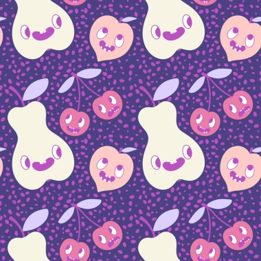 Çizgi filmdeki meyvesiz kirazlar, armutlar ve şeftali desenli ambalajlar, çocuk giysileri, tekstil ürünleri, şenlikli ambalajlar ve sonbahar aksesuarları. Yüksek kaliteli illüstrasyon