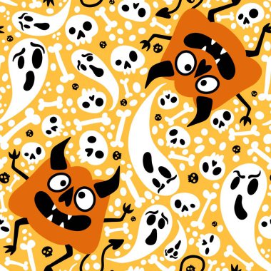 Cadılar Bayramı canavarları dikişsiz balkabakları, hayalet ve kemik desenleri kağıt, kumaş, çarşaf ve çocuk giysileri baskısı, şenlik ambalajı ve sonbahar. Yüksek kaliteli illüstrasyon