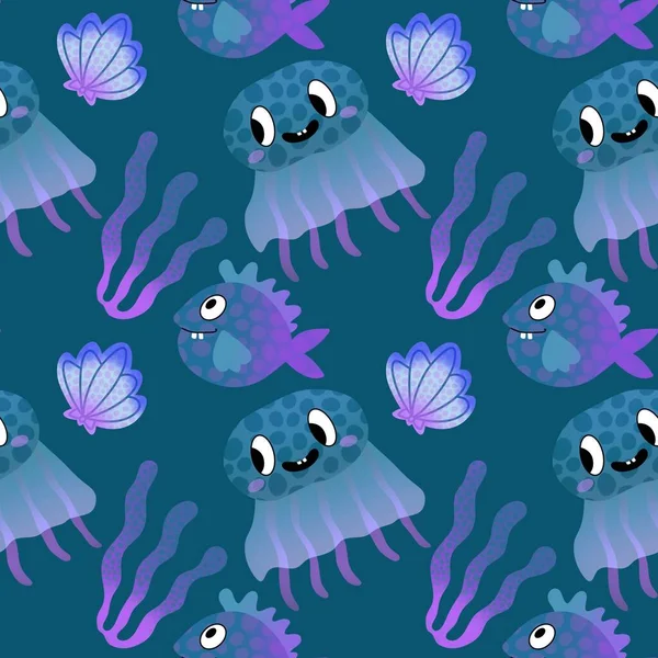 Cartoon Fisch Nahtlose Quallen Und Sollen Und Korallen Muster Für — Stockfoto