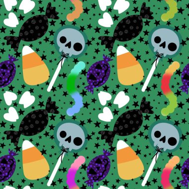 Çizgi film cadılar bayramı şekersiz kafatası ve kumaş ambalajı için lolipop deseni ve çocuk giysileri baskısı ve şenlik ambalajı ve sonbahar aksesuarları. Yüksek kaliteli illüstrasyon