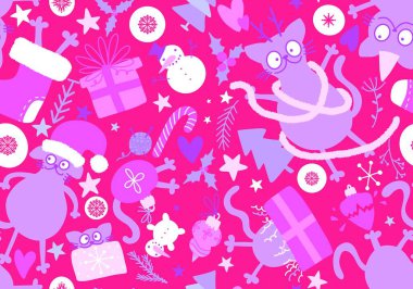 Noel hayvanları kusursuz kediler, hediye kutuları, ağaç ve oyuncak desenleri kağıt ve kumaşlar, çocuk giysileri baskısı, yeni yıl ambalajları ve şenlikli aksesuarlar. Yüksek kaliteli illüstrasyon