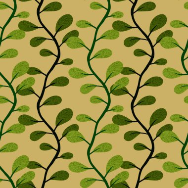 Çiçeksiz yaprak desenleri ambalaj kağıtları, kumaşlar, moda tekstil ürünleri, çocuk giysileri, mutfak aksesuarları ve çarşafları için. Yüksek kaliteli illüstrasyon