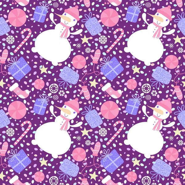 Cartoon Christmas Snowman Nahtlose Süßigkeiten Und Geschenkschachtel Und Schneeflocken Und — Stockfoto