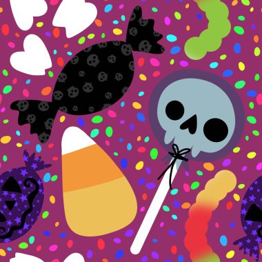 Çizgi film cadılar bayramı şekersiz kafatası ve kumaş ambalajı için lolipop deseni ve çocuk giysileri baskısı ve şenlik ambalajı ve sonbahar aksesuarları. Yüksek kaliteli illüstrasyon